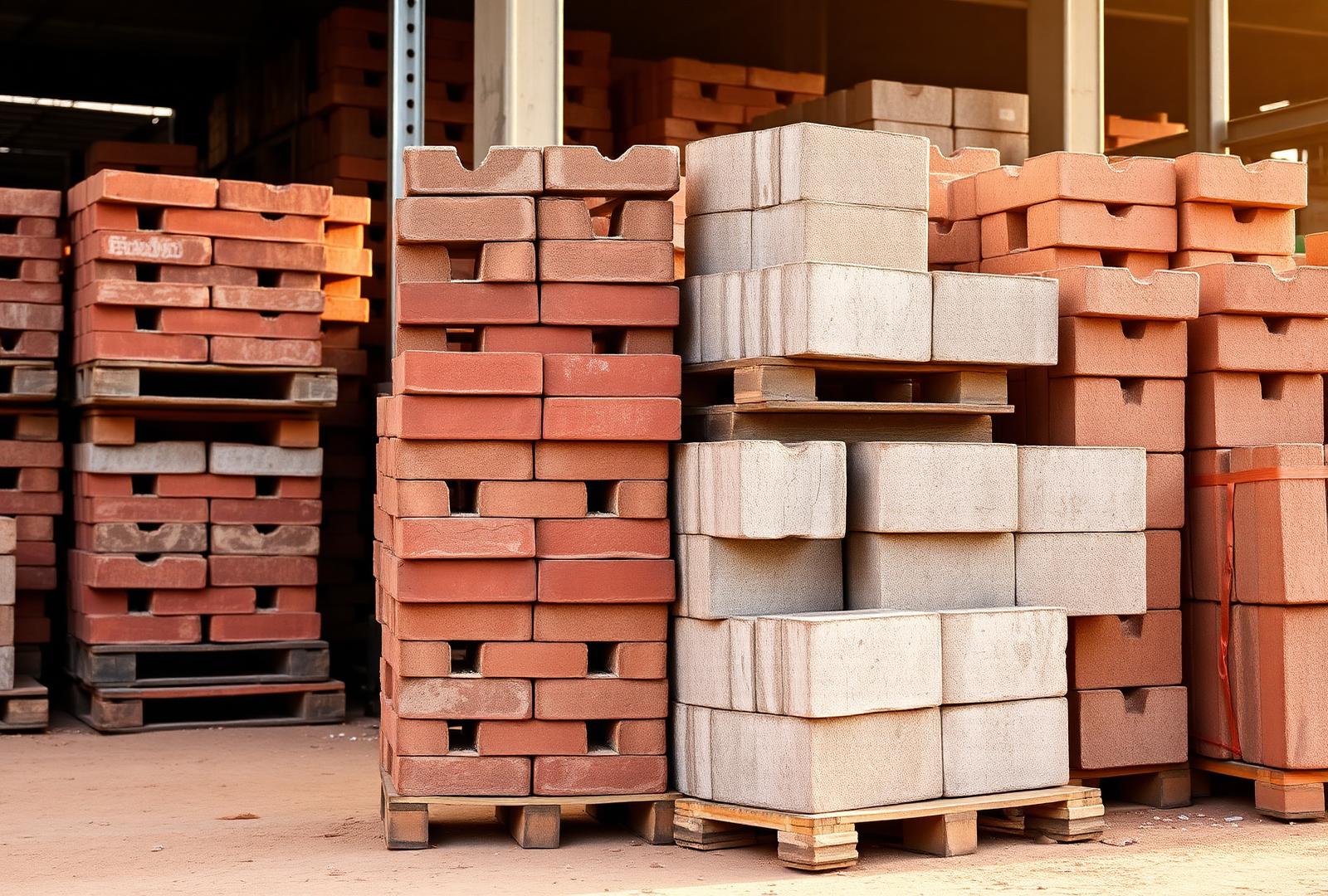 Pallets of red clay bricks and grey cement blocks at Verma Constructions Delhi yard